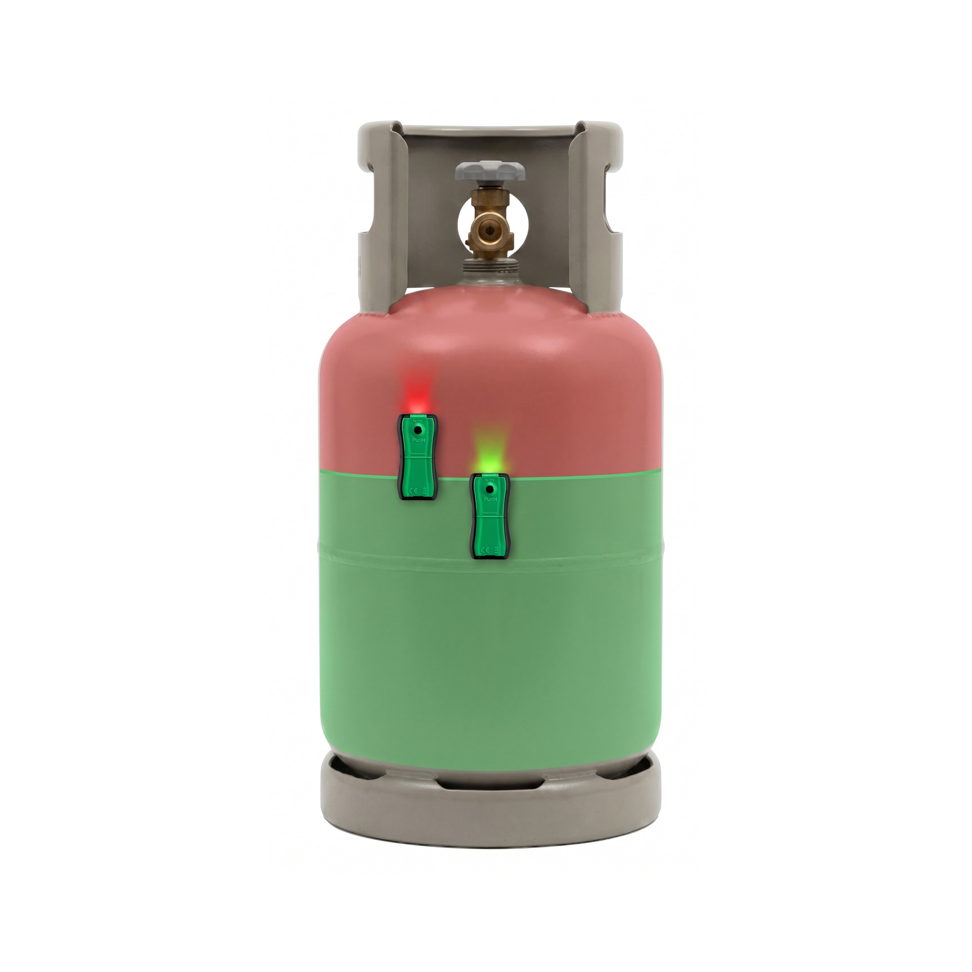 shop-GL3001-3-RotGruen-v2.jpg Gasflasche mit rotem und grünem Bereich, zwei GASLEVEL® markieren die Füllstandsgrenze
