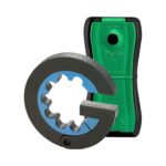 GASLEVEL®-Set: grüner Füllstandsanzeiger GL-3001 neben dem schwarzen GASLOCK® Flaschenschlüssel